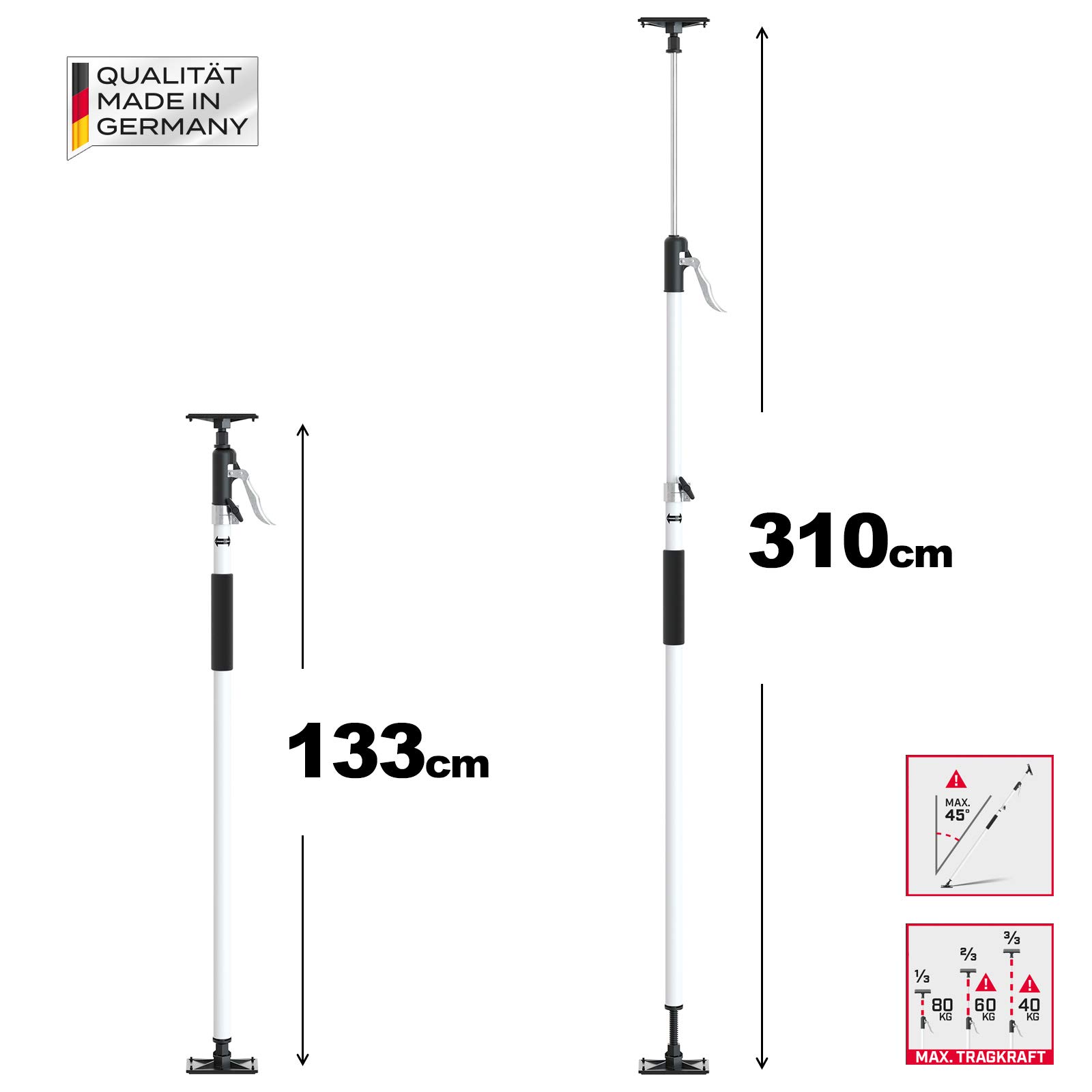 2x MULTISPANN® Montagestütze 133-310cm - Max. 80kg - Made in Germany - Deckenstütze, Einhandstütze und Baustütze mit innovativem 3-Spannsystem - Für Handwerk und Industrie - MS-MS80-310