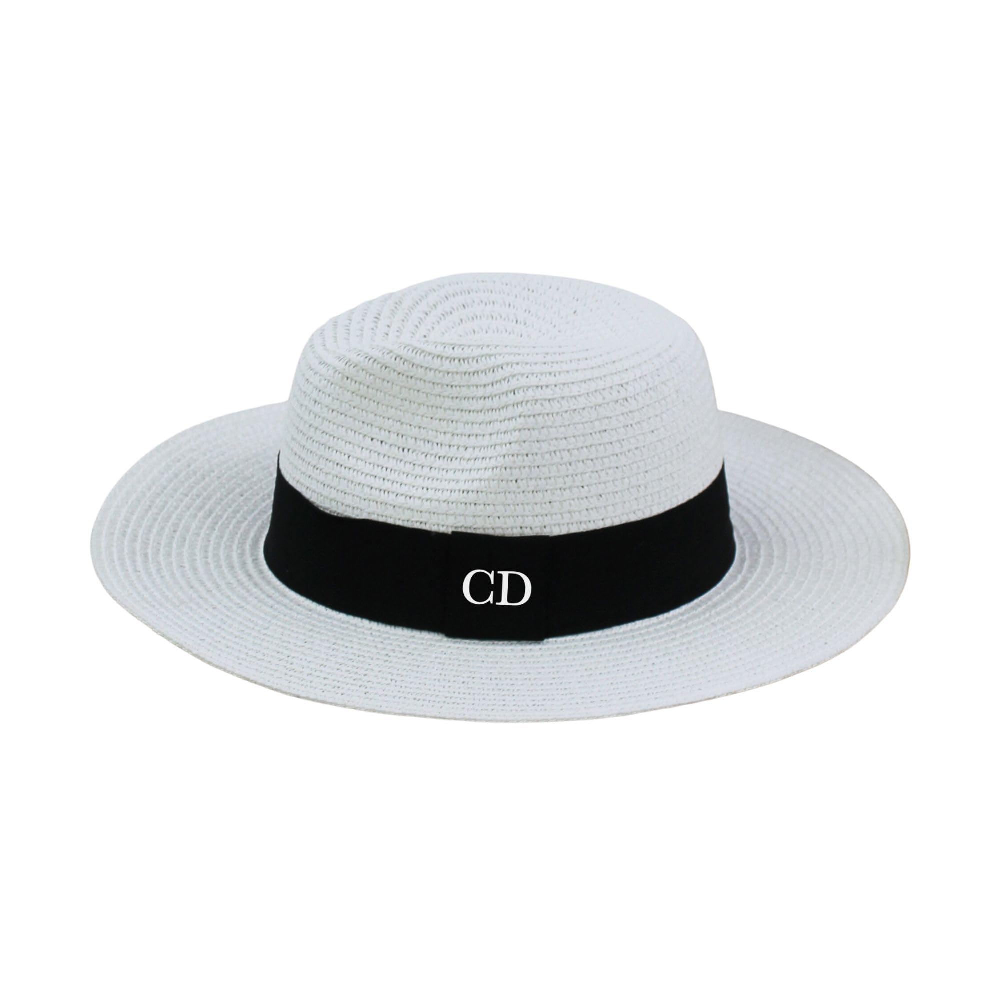 eBuyGB Personalised Adjustable Beach Hat with Initials Monogram Straw Hat Honeymoon Sun Hat for Bride Bridesmaids Holiday Fedora Hat for Her (White)