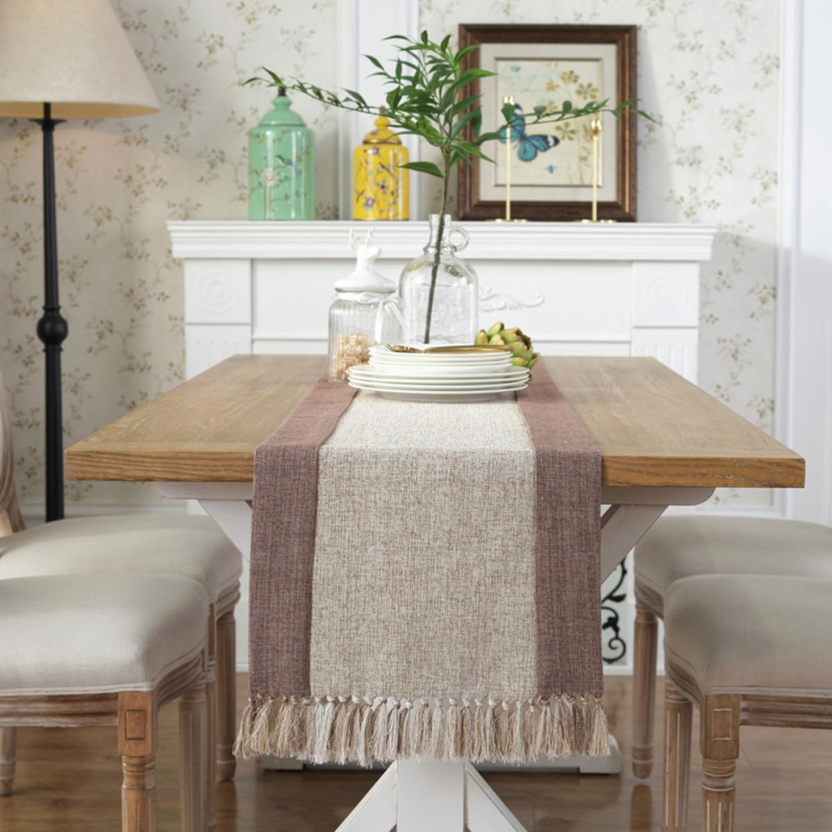 Toyvian Runner Tavola Doppio Strato Cotone Lino Nappe Beige