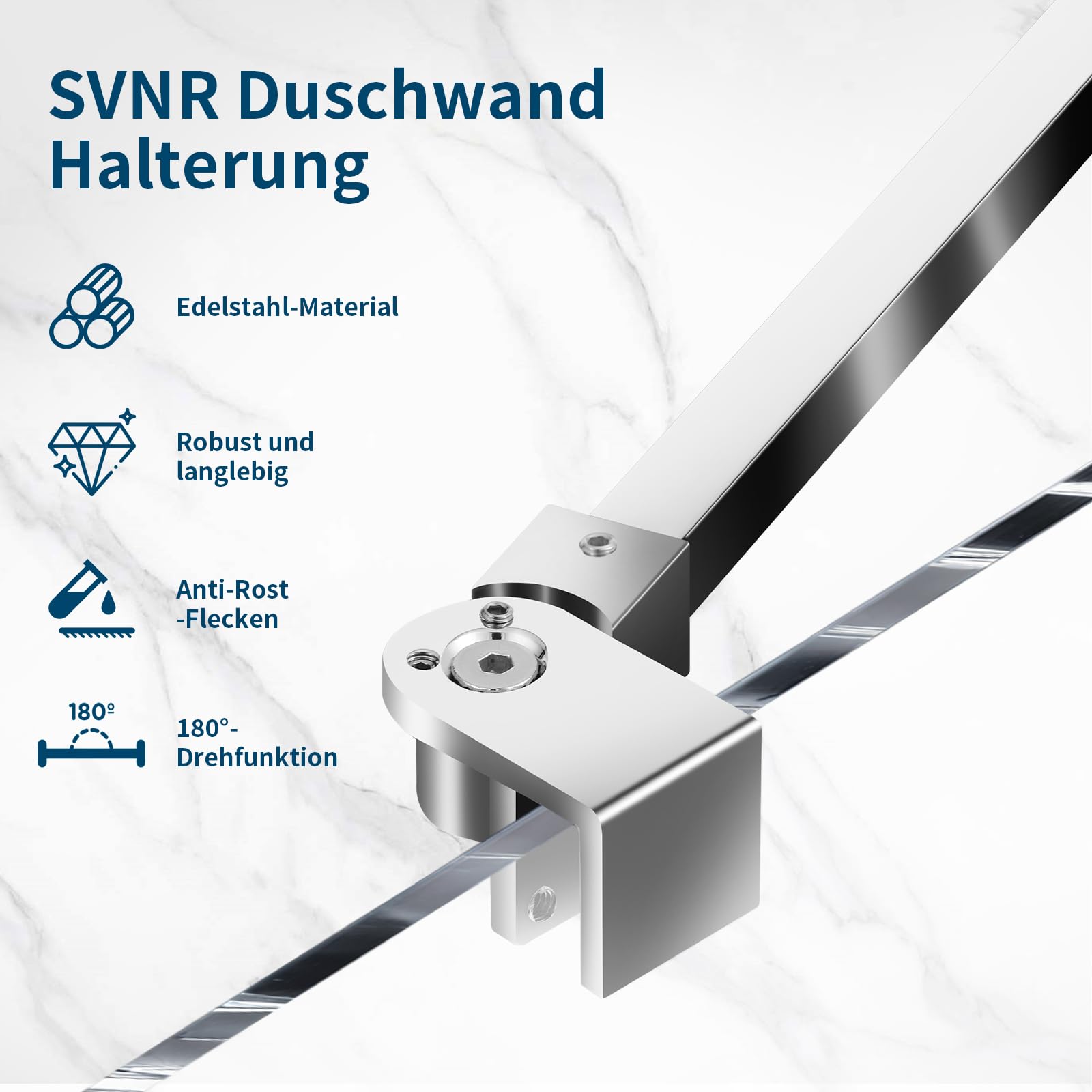 SVNR Soporte giratorio flexible 180° para mampara de ducha 50 cm, estabilizadora para cristal 6-10 mm, barra de acero inoxidable