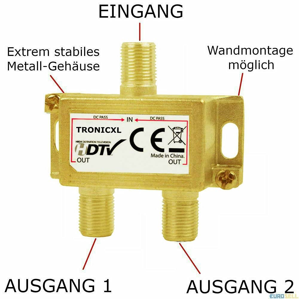 TronicXL Premium 2-Fach Antennenverteiler Splitter mit Sat Verstärker digital HD I für Satellit TV DVBT DVBS Unicable 3D 4K HDTV I Verteiler Weiche Inline für 2 Fernseher