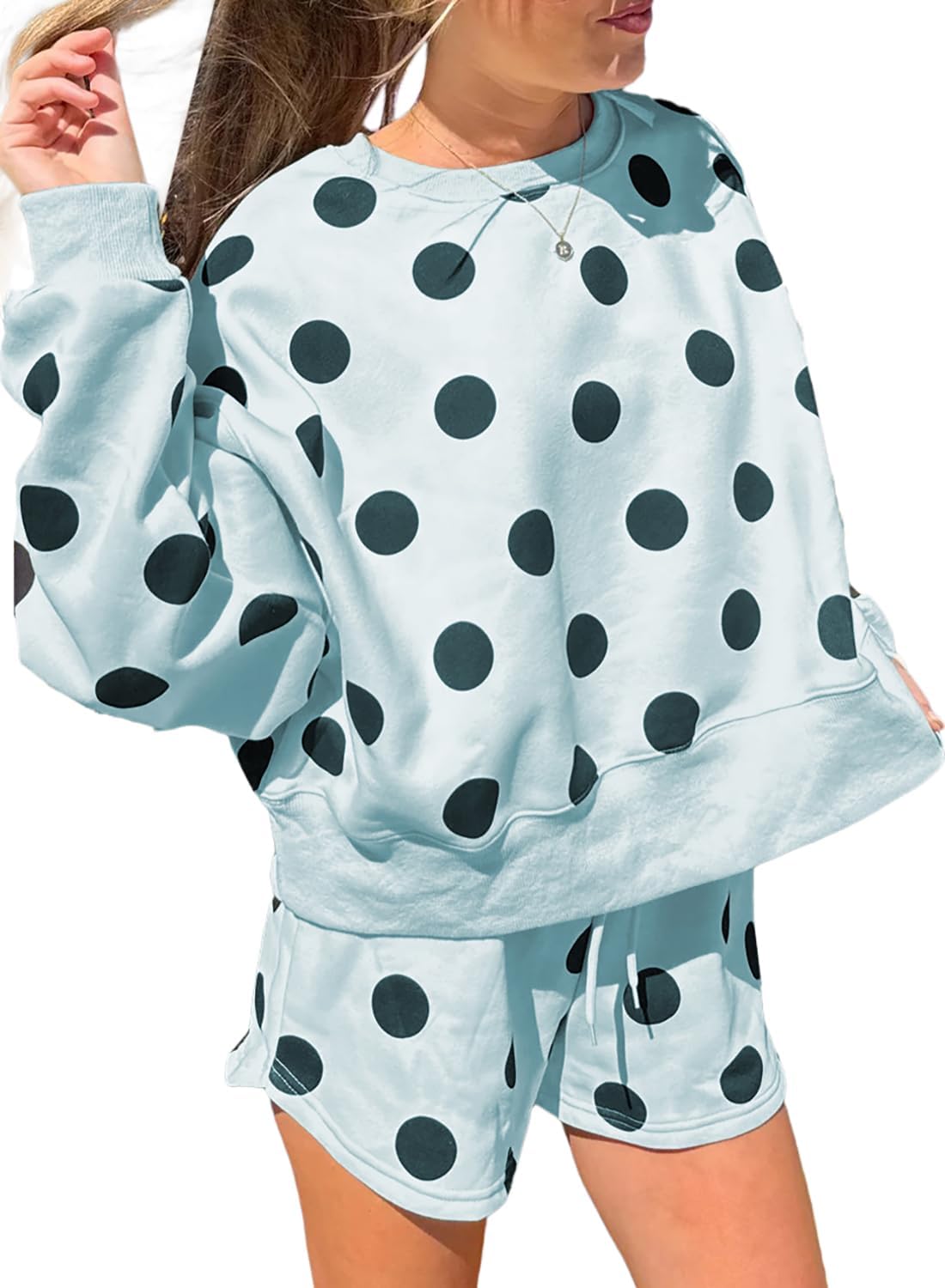 KevaMolly Womens Two Piece Lounge Sets Polka Dot Print Drop Shoulder Oversized Pullover Drawstring Shorts Set