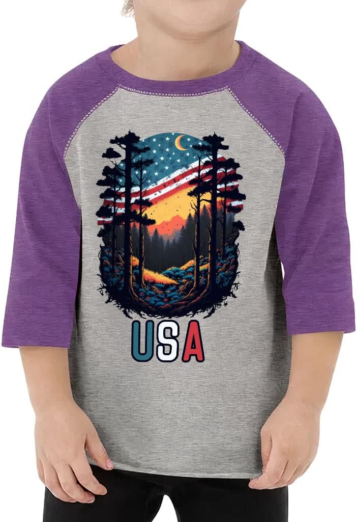USA Print Toddler Baseball T-Shirt - Forest 3/4 Sleeve T-Shirt - Colorful Kids' Baseball Tee