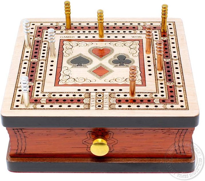 House of Cribbage 3 Track Cribbage Board Inlaid in Maple Wood/Bloodwood - Size: 5"x5" - Wood Inlaid Card Symbols (Suits) + Storage Drawer for Cribbage Pegs & Playing Cards