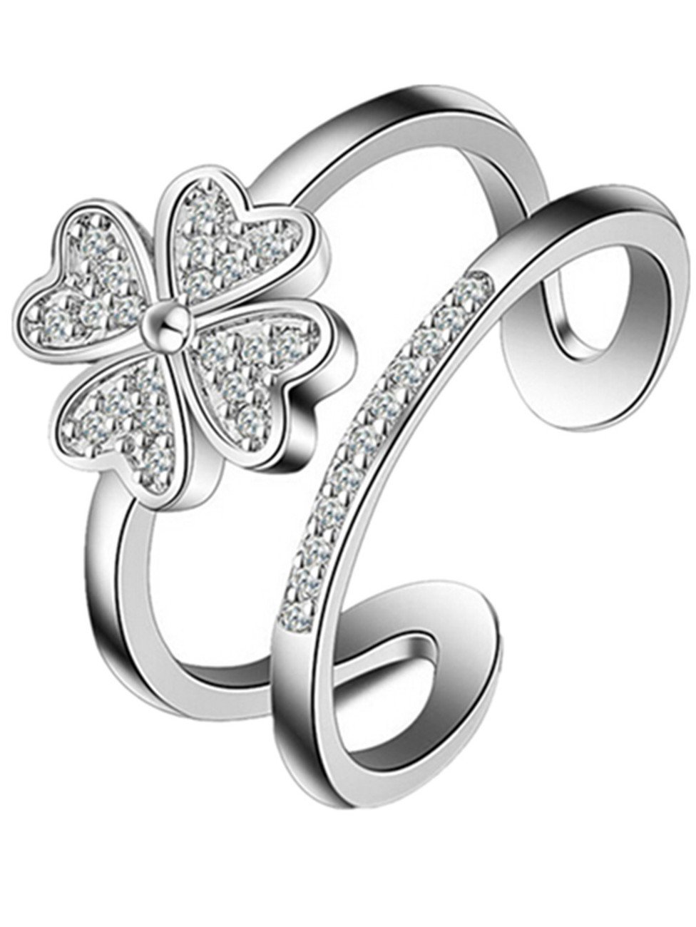 BoowholWomen's Ring 925 Sterling Silver Cubic Zirconia Classic Elegant Clover Ring Opening Adjustable Rings, 925 sterling silver, Cubic Zirconia