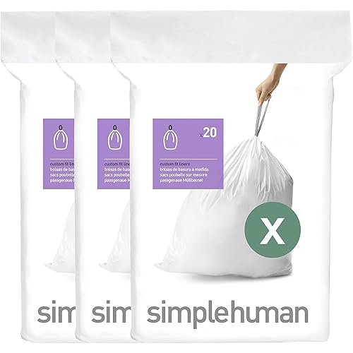 simplehuman Code X 60 Count, Dispenser Pack Custom Fit Liners, Drawstring Trash Bags, 80 Liter / 21.1 Gallon, White