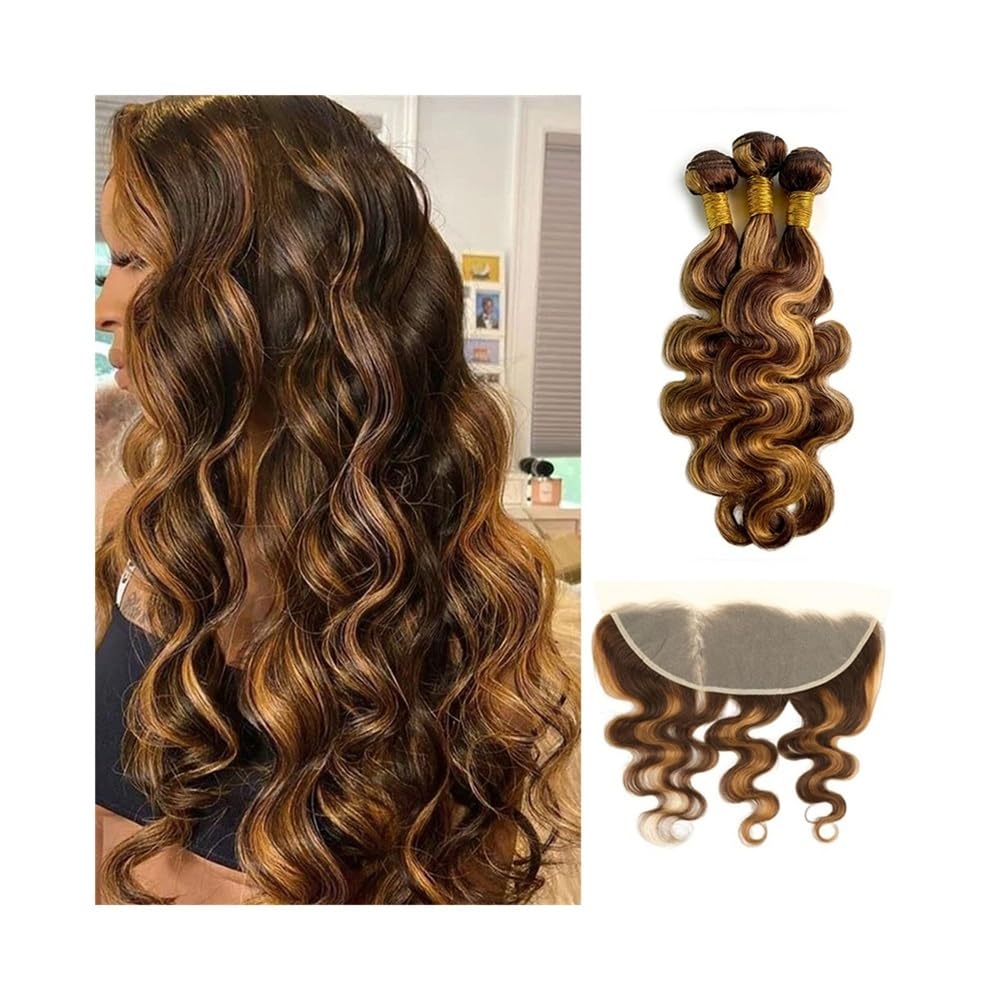 Extensiones de cabello humano brasileño P4-27 con encaje frontal 13x4 y tres paquetes de ondas