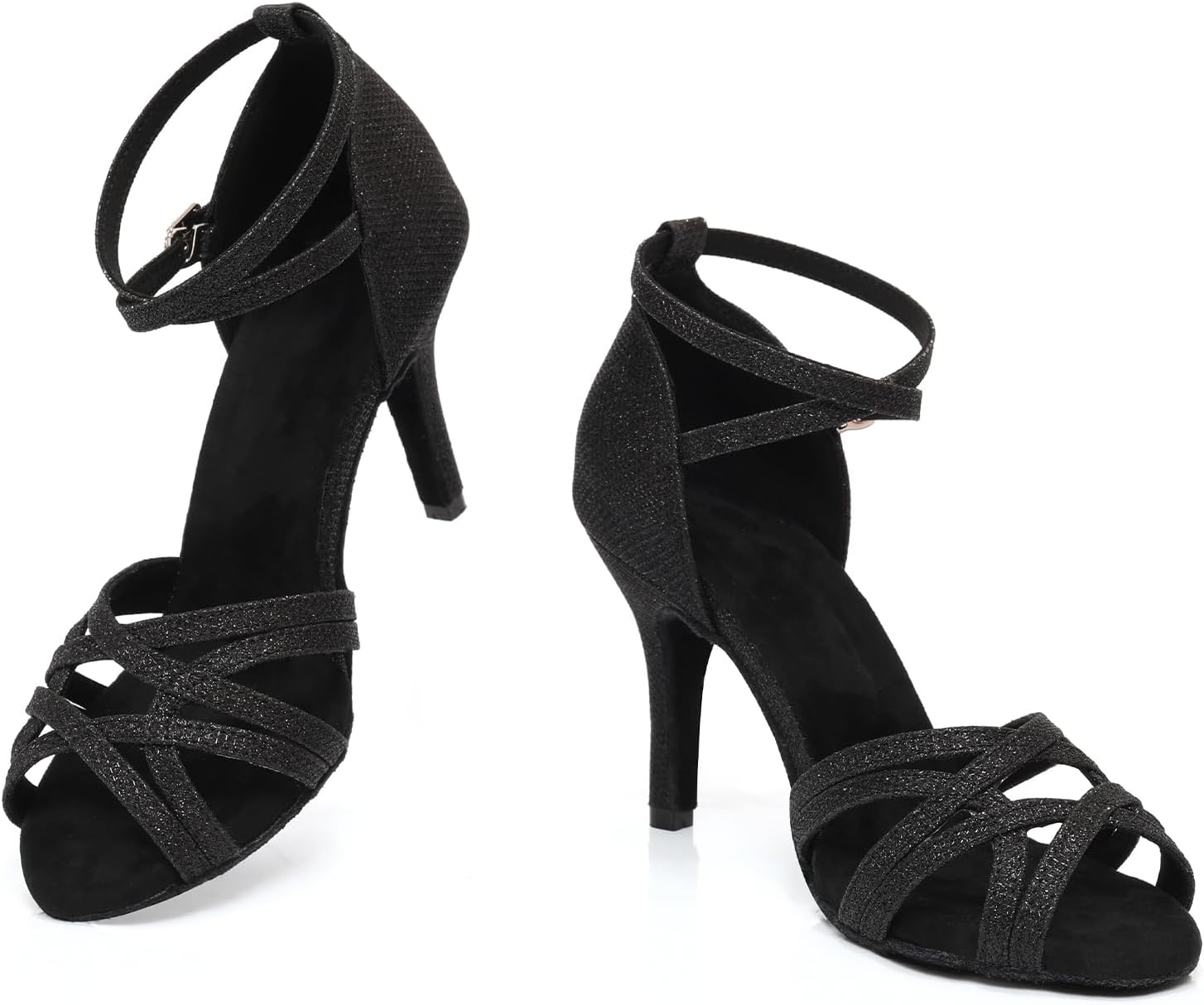 Women's Latin Ballroom Dance Shoes Black Glitter Salsa Dance Heels Suede Sole Performance Professional 3.33 Inch Heel, 9 US