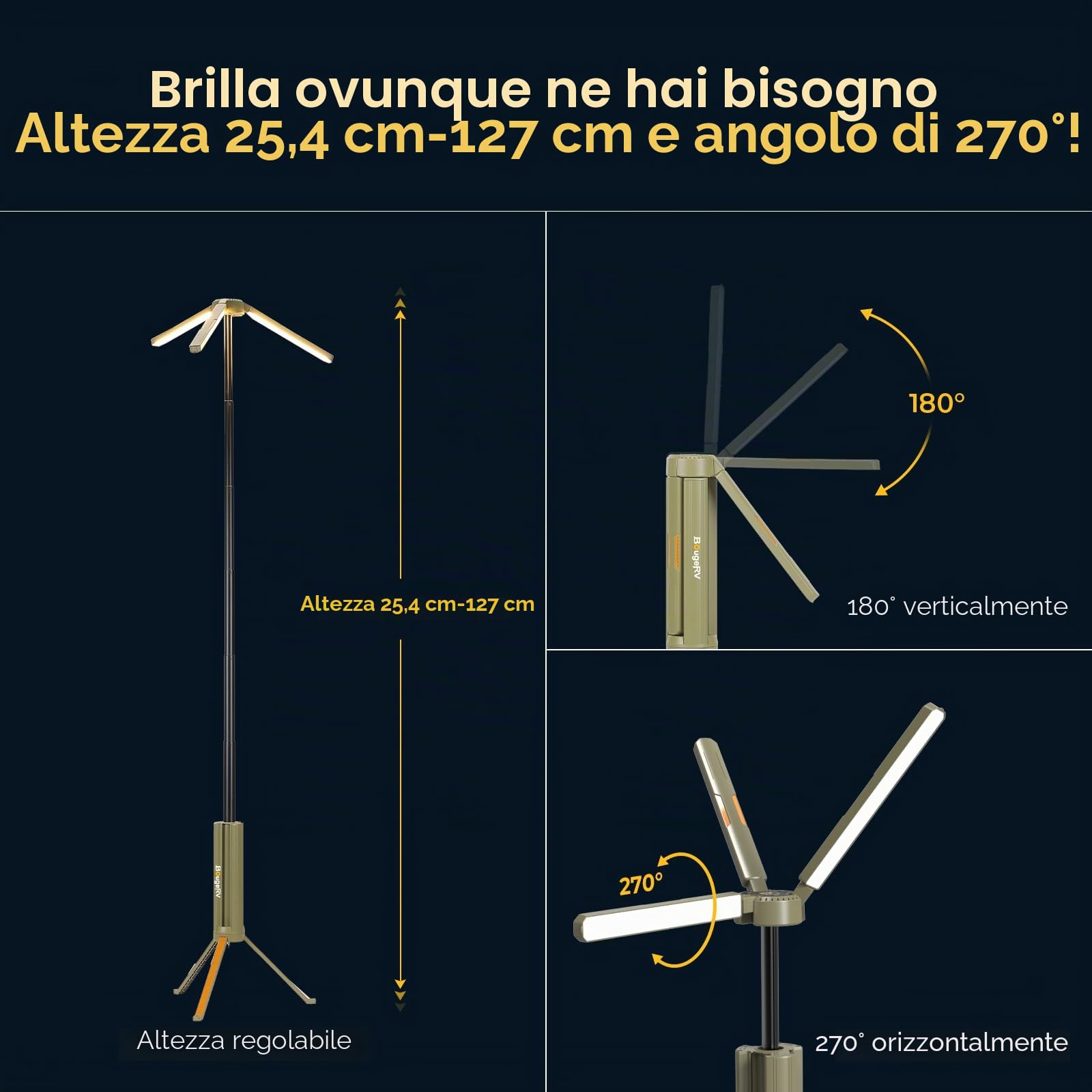 BougeRV Lampada da campeggio con 15600 mAh, luce da campeggio ricaricabile, altezza e angolazione regolabili, 4000LM, IP54 impermeabile, lanterna da campeggio per campeggio, viaggio, emergenza