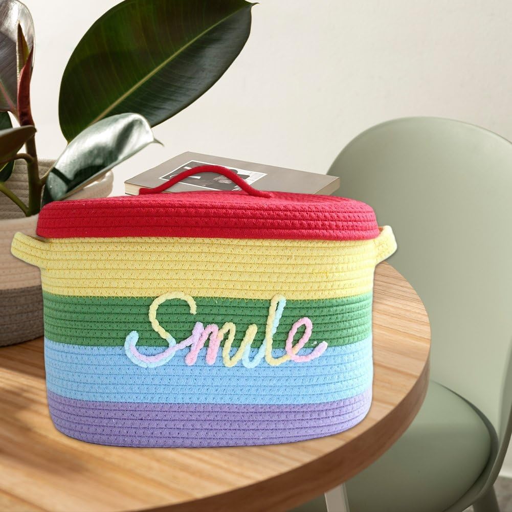 Cesto Portaoggetti Intrecciato Arcobaleno con Coperchio, Contenitore in Corda di Cotone, Grande Scatola Organizer per Biancheria, Giocattoli, Vestiti Sporchi, Trapunte