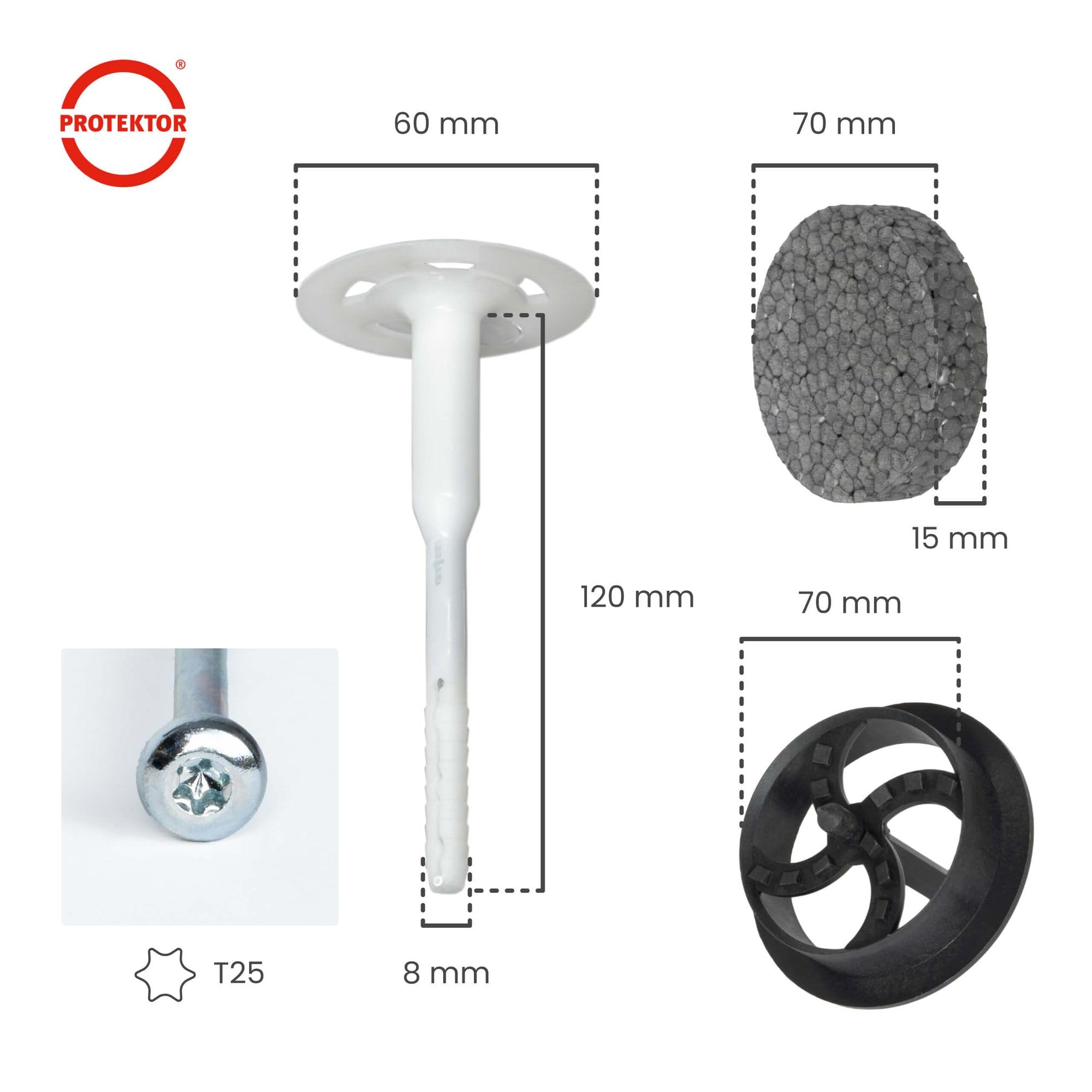 PROTEKTOR 200x Taco atornillable, 200 arandelas+fresa Ø8 x 120mm | Taco SATE para aislamiento de fachada, para poliestireno y lana mineral, taco de disco, taco aislante