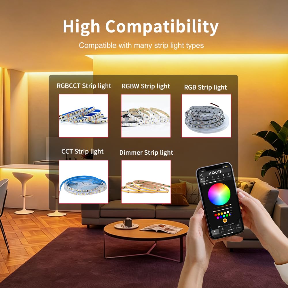 Controlador LED Elite 5P-EXMU WLED, Controlador LED PWM 5-1 para Tiras LED RGB/RGBW/RGB+CCT/CCT/Regulador de Intensidad, Ethernet + WiFi, APP/Mando a Distancia, Compatible con Alexa y Home Assistant
