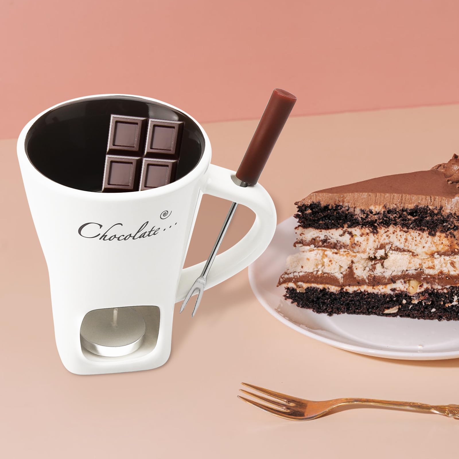 Filiżanka do fondue czekoladowego z widelcami, 200 ml, ceramiczny zestaw do czekoladowego fondue, kubek do topienia czekolady, zestaw do fondue z widelcem i podgrzewaczem, do sera, czekolady, masła