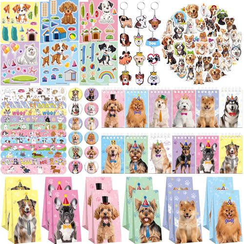 ENCETARDE Set di 114 bomboniere per cani, forniture per feste per bambini, 42 adesivi per cani, 12 sacchetti per regali, 12 badge a bottone, 12 portachiavi, 12 mini quaderni, 12 braccialetti schiaffi