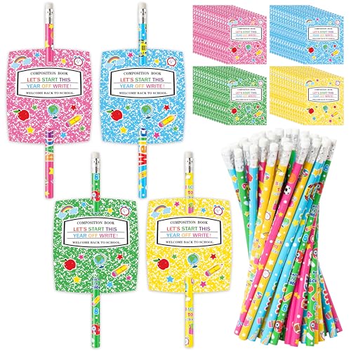 Xqumoi 60 Pack Back to School Pencils Gift Set with Composition book Card - First Day of School Pencils with Welcome Cards in Bulk Party Favors Classroom Student Rewards Bag Fillers (Colorful)