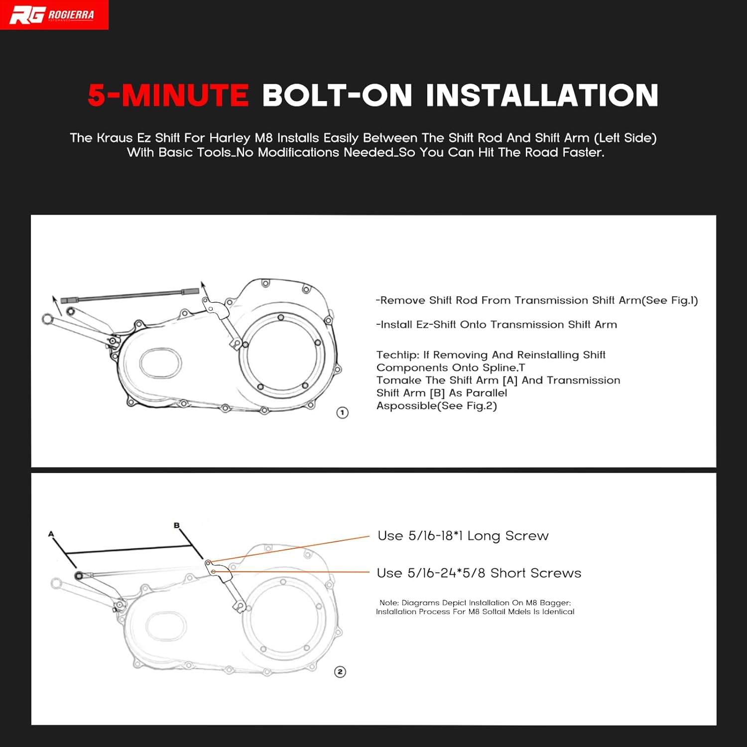 Rogierra Neutral Gear Shift Assist Kit - CNC M8 EZ Shift Lever Compatible with 2018-2025 Touring (Electra Glide/Road Glide/Tri Glide) & Softail (Fat Boy 114) Motorcycles - Easy Neutral Finder Black