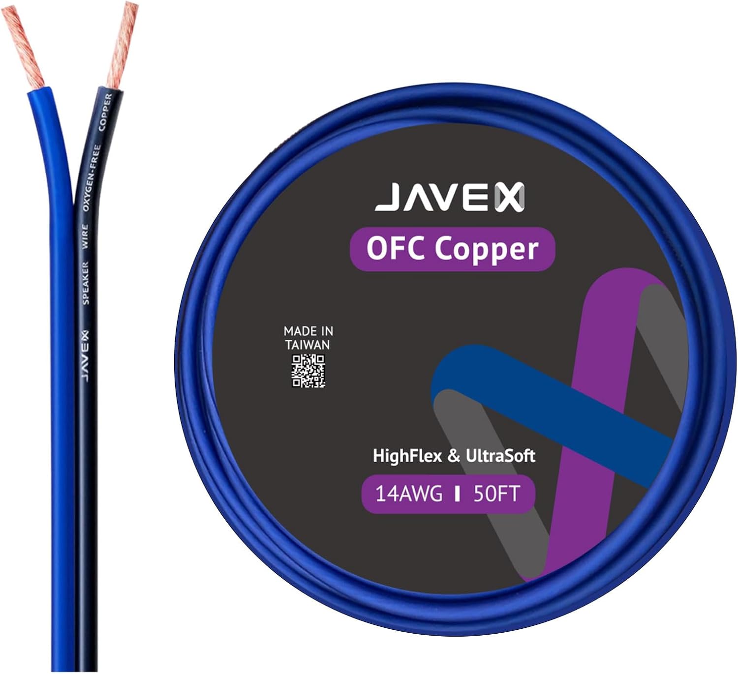 JAVEX 14-Gauge AWG Audio Speaker Wire (50 FT), [OFC Oxygen-Free Copper] HighFlex Thin Flat Cable for Automotive Car Stereo Audio, HI-FI Stereo, Home Theater, Blue/Black