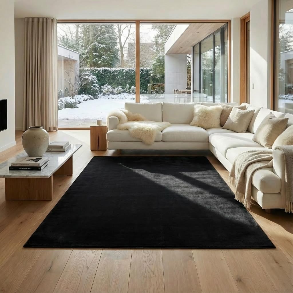 Jimri Flauschiger Teppich Läufer - Hochwertige Kurzflor Teppich für Zuhause, Büro, Küche, Eingang, Flur, Wohnzimmer - Maschinenwaschbar - Rutschfester Teppich Waschbar - 160x220 cm - Schwarz