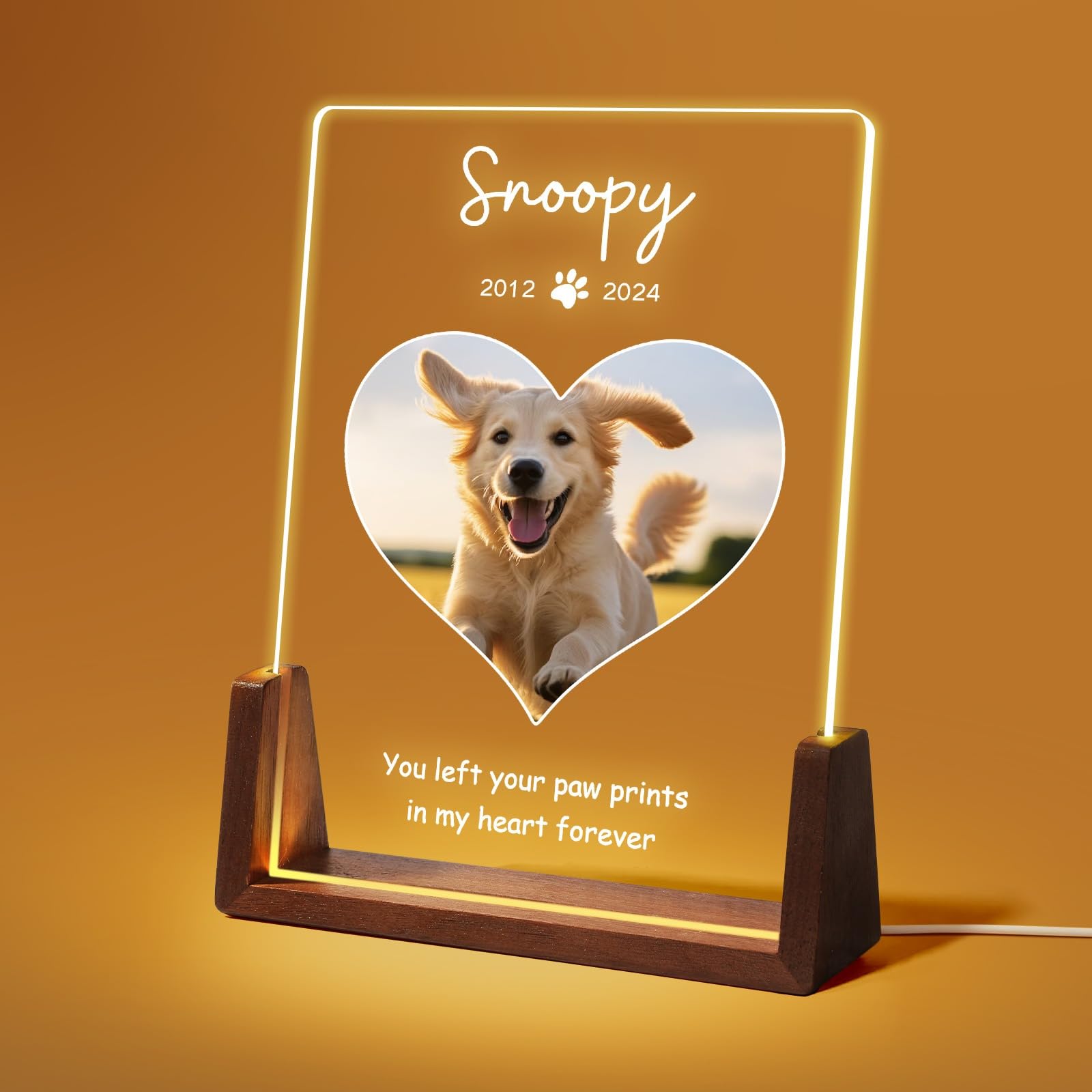 Jodimitty Personalised Pet Memorial Plaque Acrylic Panel optional LED Light & Wooden Base, Custom Color Photo & Name & Life Span & Message, Love Heart Dog Cat Memorial Gifts, 5x7in / 6x8in (Style E)