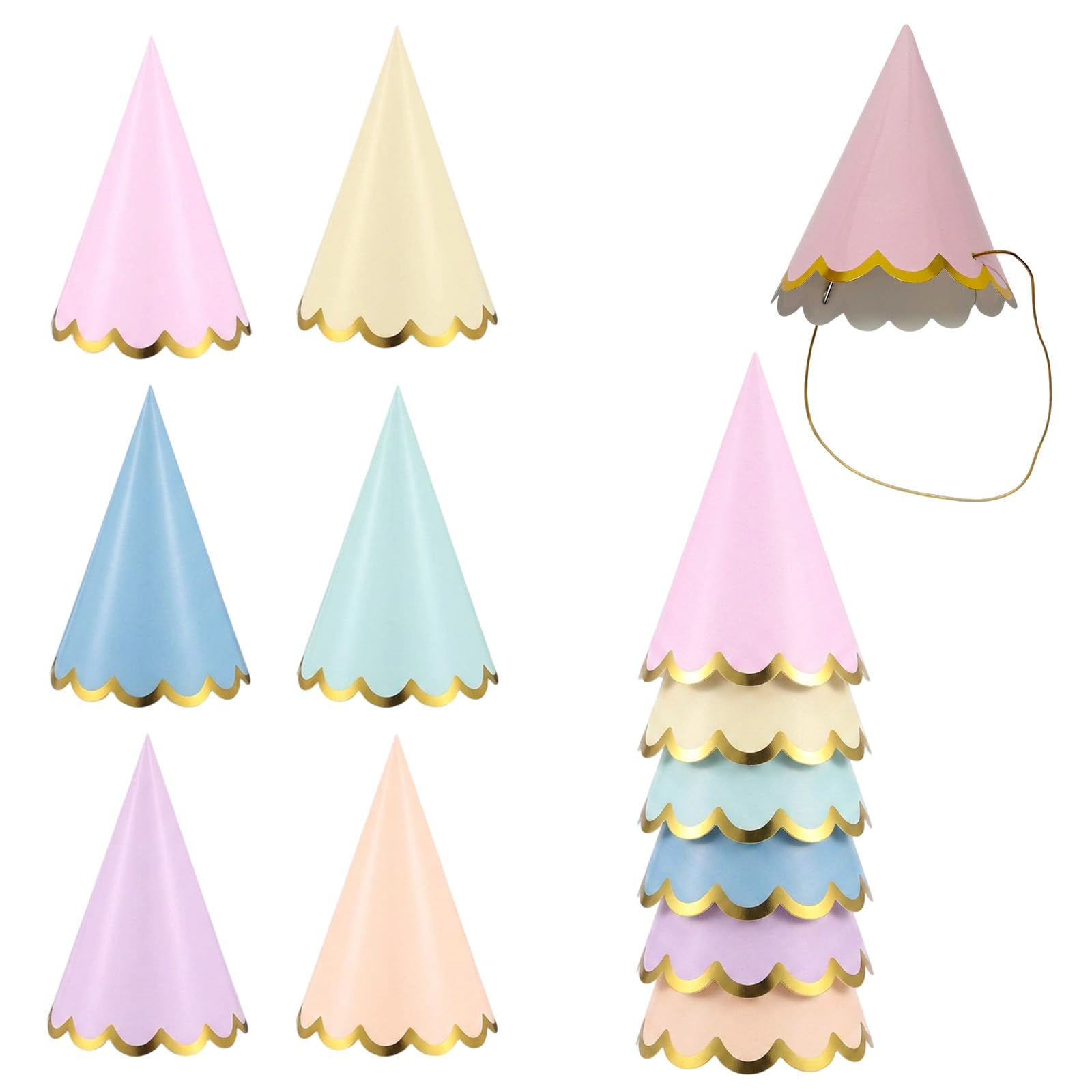 RJFUJP Party Hats for Teddys, 24 PCS Pastel Party Hats, Gold Foil Scalloped Party Hat for Birthday, Wedding, Celebration, Photo Booth, Birthday Hat Party Decorations