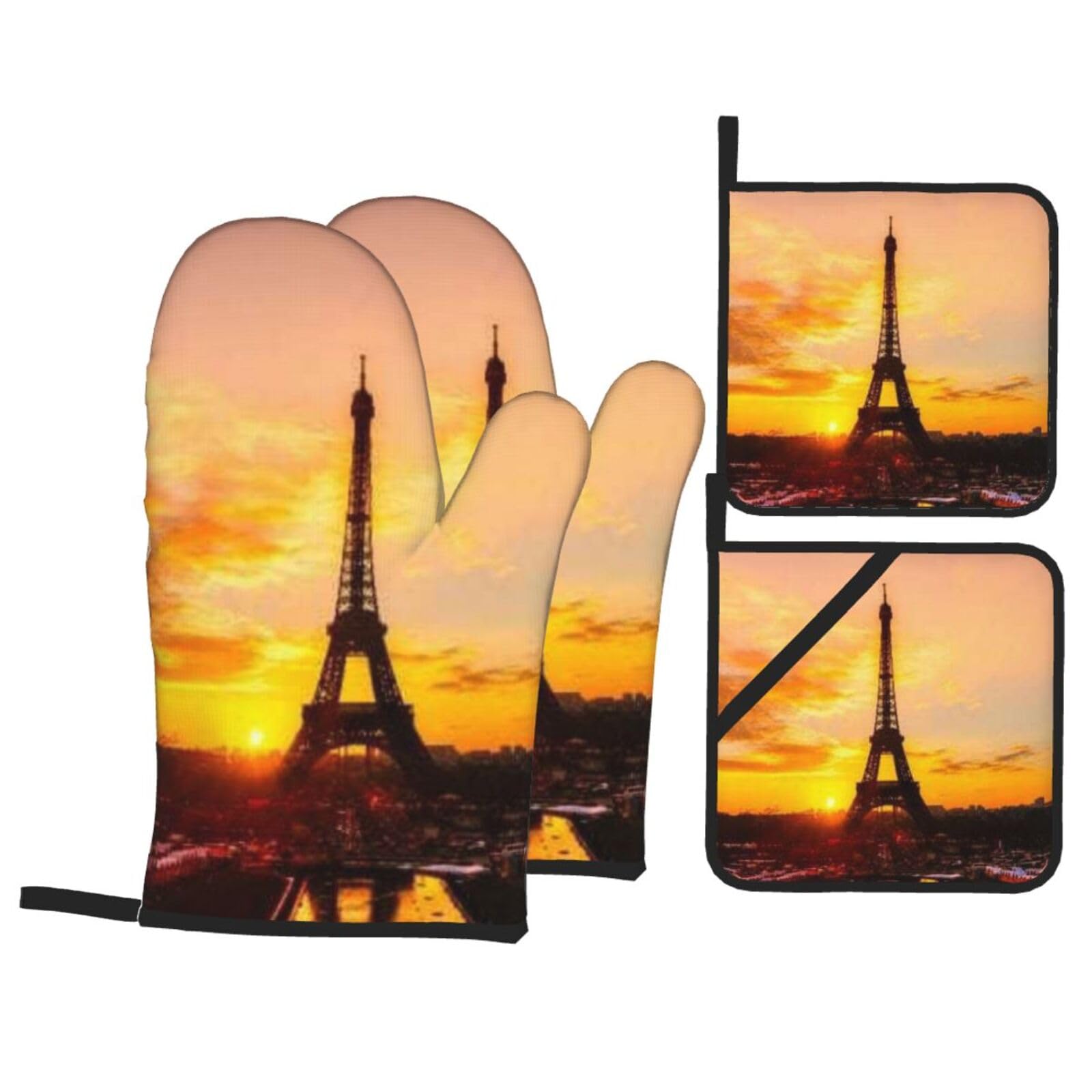 4 Piece Oven Mitts & Handle Covers Set | View of The Eiffel Tower At Sunrise Paris Heat Resistant Baking Gloves with Hanging Loops for Grilling