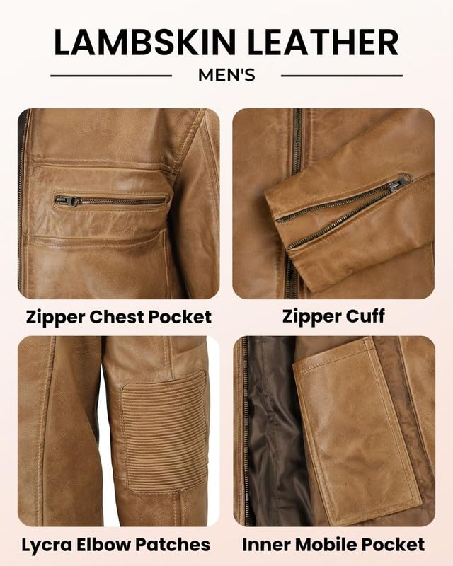 Image of Blingsoul Men's Leather Jacket - Real Lambskin Motorcycle Cafe Racer Biker Style Jacket
