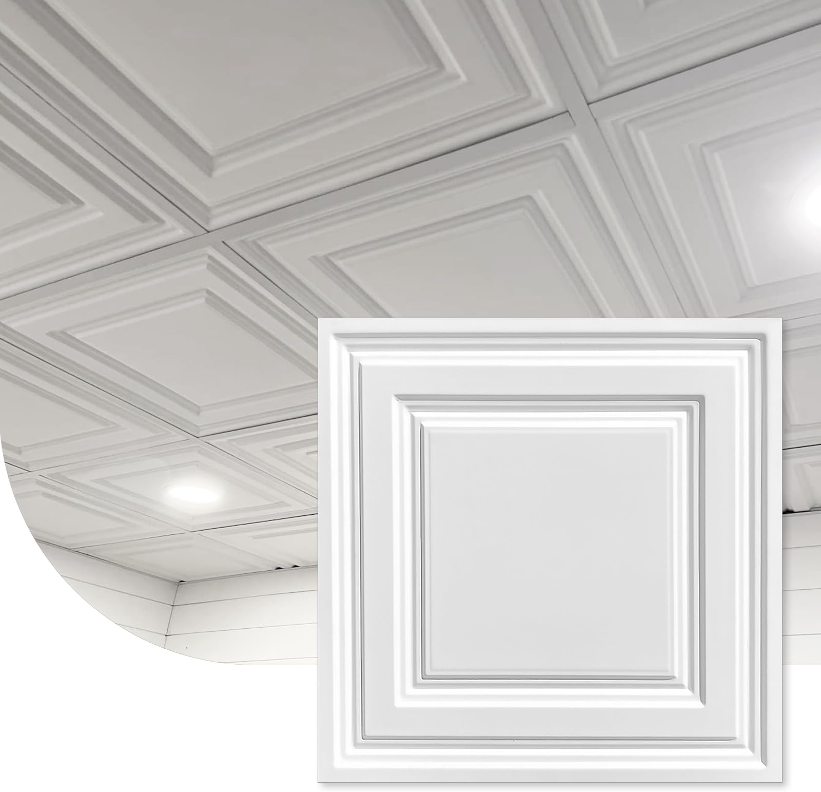 Noooza White Carved Relief Drop Ceiling Tiles 24x24 Inch– Virgin-Grade-PVC Ceiling Tiles 2x2 Ft.,Decorative Ceiling Panels for Kitchen, Living Room, Office and Home(12-Pack, 48 Sq.ft)