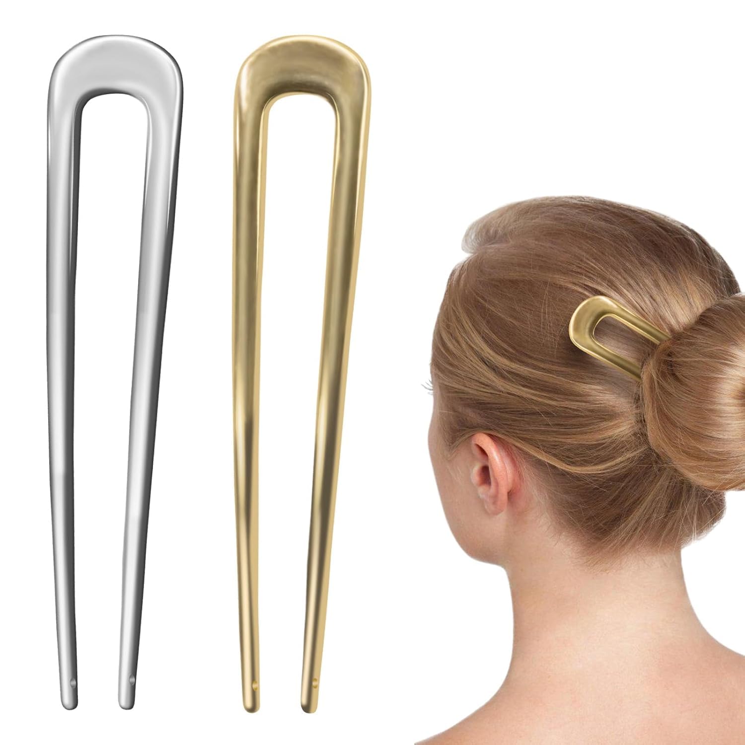 HONEY ACCESSORIES- 2pcs Metal U Shaped Hair Pins French Hairpin Vintage Forks Sticks Bobby Pin Kit for Updo Bun Women Girls Hairstyle Hair Accessories (gold, silver 2PCS)-image-28