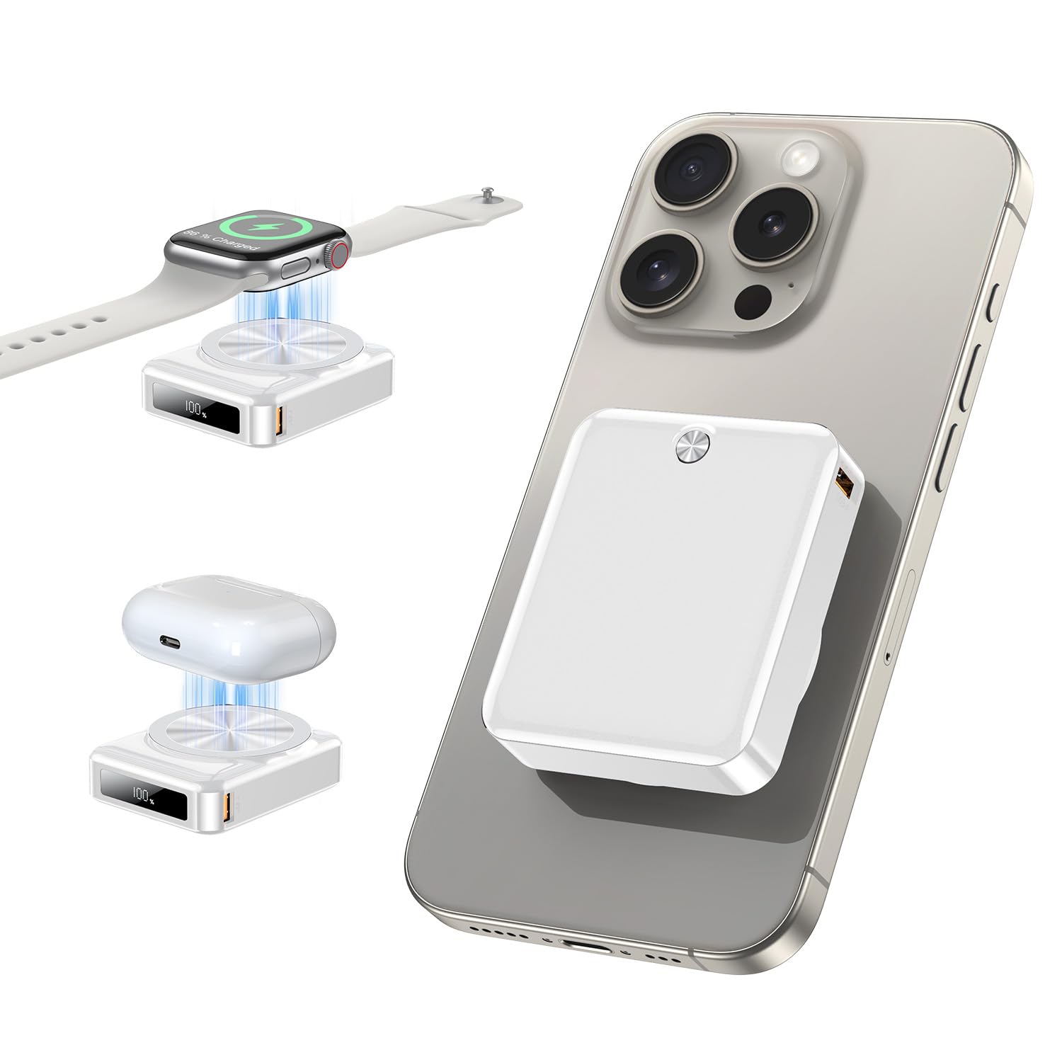 MEKIKI Portable Charger 10000mAh,3-in-1 Magnetic Power Bank,22.5W Fast Charging USB-C Battery Pack for iPhone 16/15/14/13/12,Apple Watch Series,Airpods