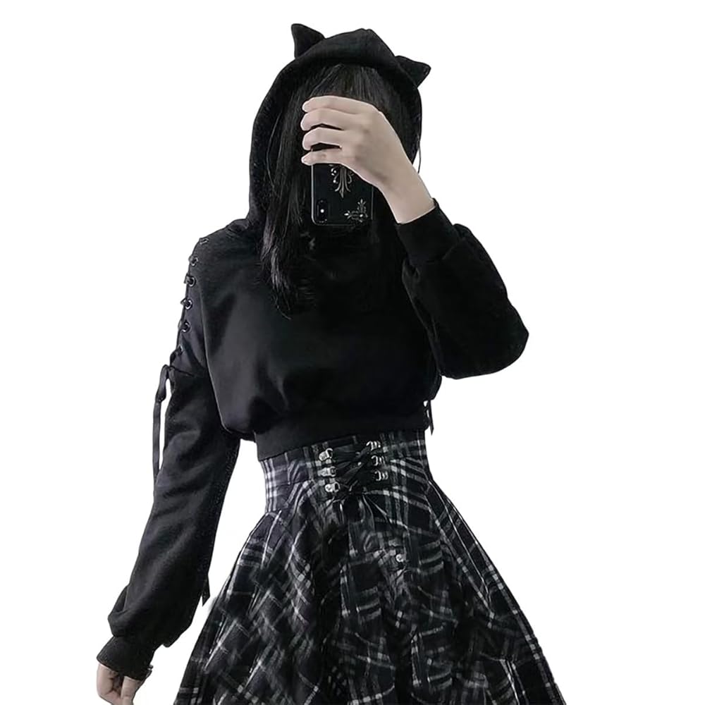 セットアップ 猫耳パーカー 長袖 チェック柄ミニスカート 可愛い Amazon.co.jp: [Papolow] 猫耳パーカー レディース 地雷系
