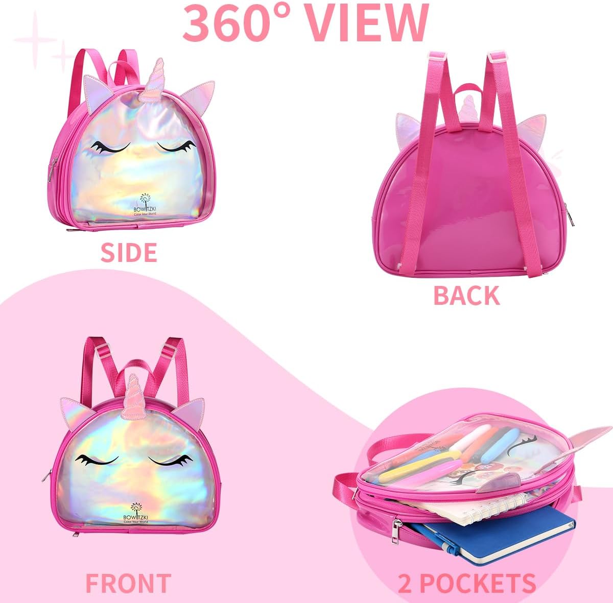 Bowitzki Waterresistant PVC Unicorn Backpack, Transparent Front & Holographic Main Compartment for School Travel (Pink)