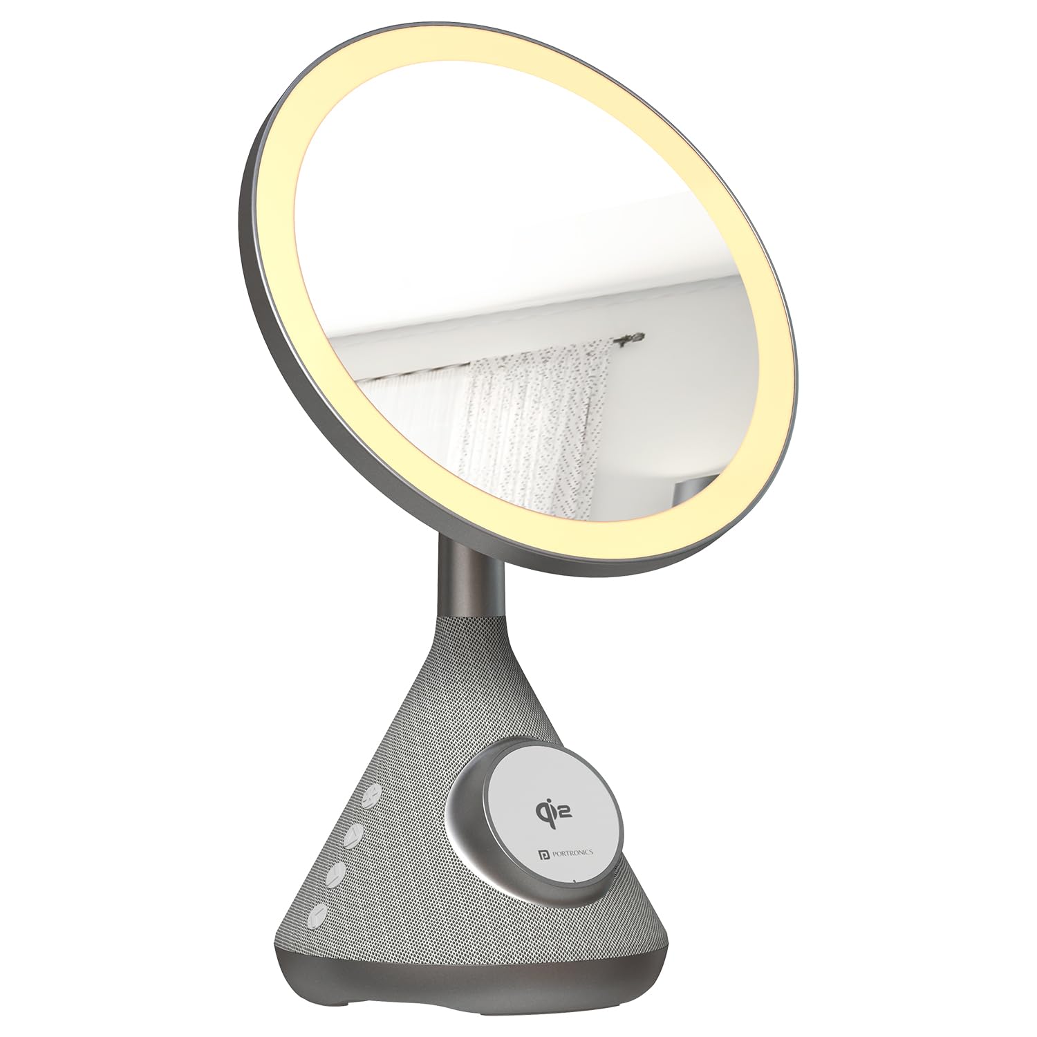 Portronics MOVO 3 in 1 Wireless Charger with 5W Bluetooth Speaker & Makeup Mirror, Qi2 Certified 15W Wireless Charging, 3 LED Lights with Adjustable Intensity, 90° Adjustable Mirror, Type C Input