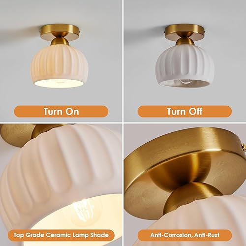 Miniatura 4 de Lámpara de techo semiempotrada de cerámica vintage, paquete de 2, lámparas de pasillo doradas, luces de techo de globo blanco, lámpara de araña