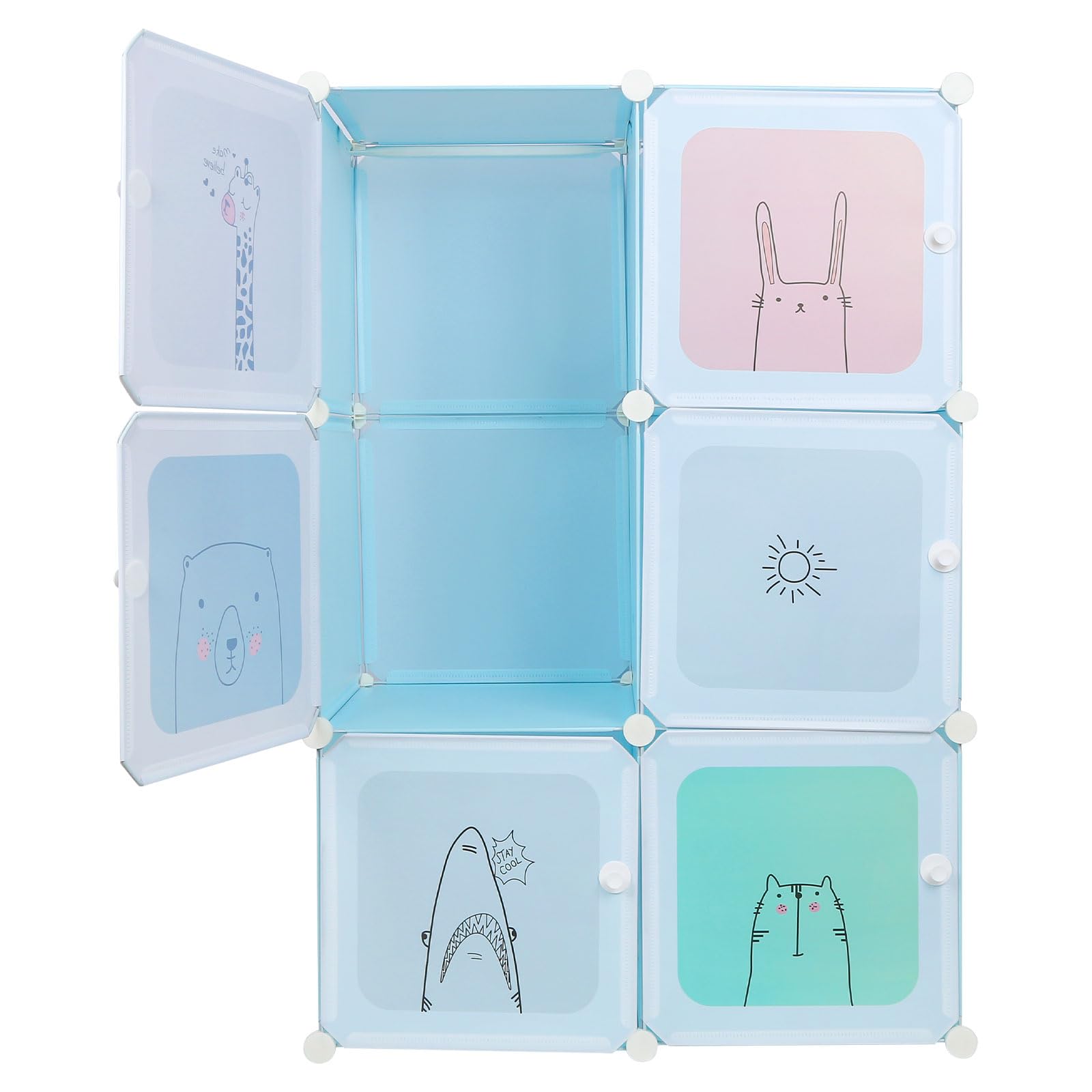 Supfine Aufbewahrungsschrank für Kinder, 6 Würfel, modularer Schrank mit Türen, Regal aus Kunststoff, ABS, Aufbewahrungsschrank für Spielzeug, Kleidung (blau, 74 x 37 x 110 cm)