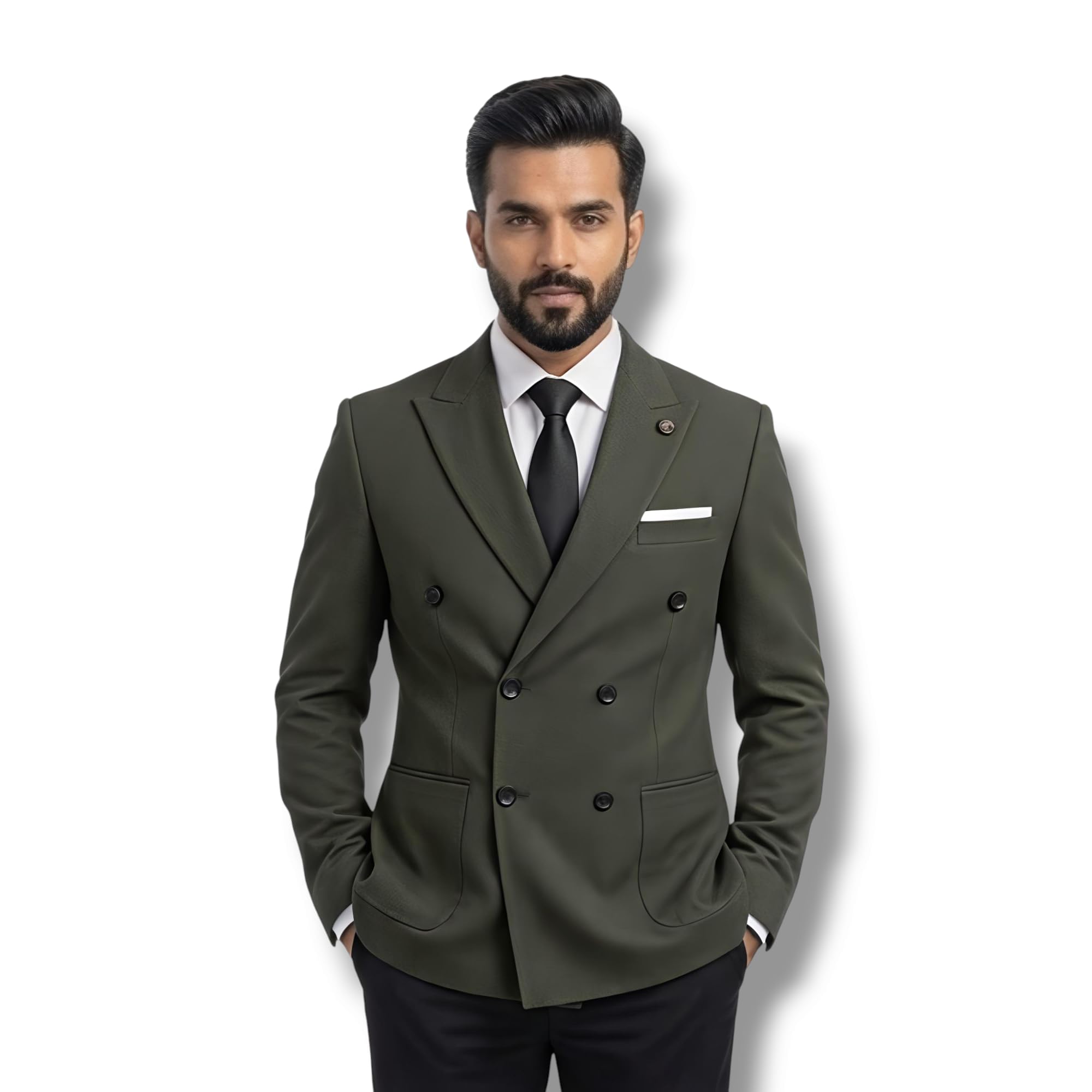 Men's Slim Fit Double-Breasted Blazer, Olive Green, Polyester Blend, Notch Lapel, Formal Style, Long Sleeve-picture-36