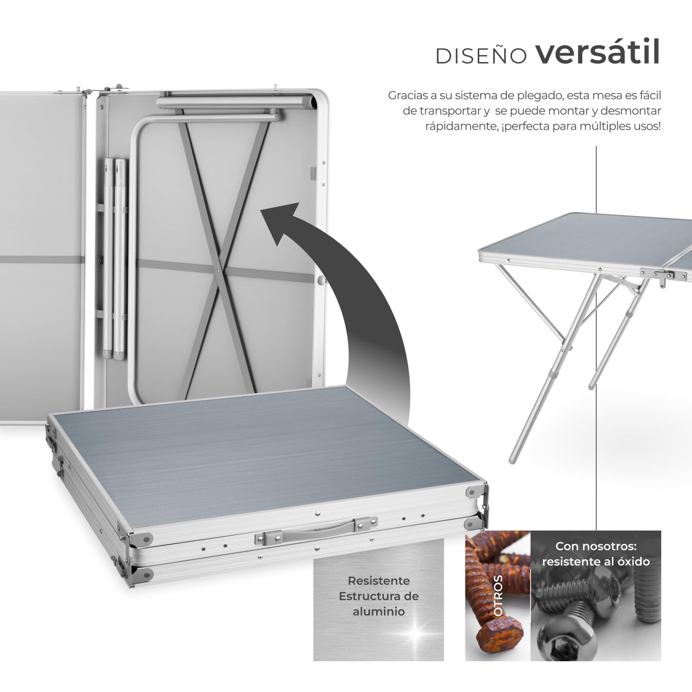 tectake® Mesa Plegable Aluminio, Mesa Camping Plegable con Altura Ajustable, Mesa Jardín Exterior con Asa de Transporte, Resistente a Intemperie, Ideal Acampadas, Jardín, Terraza, Picnic, 180x70x70cm
