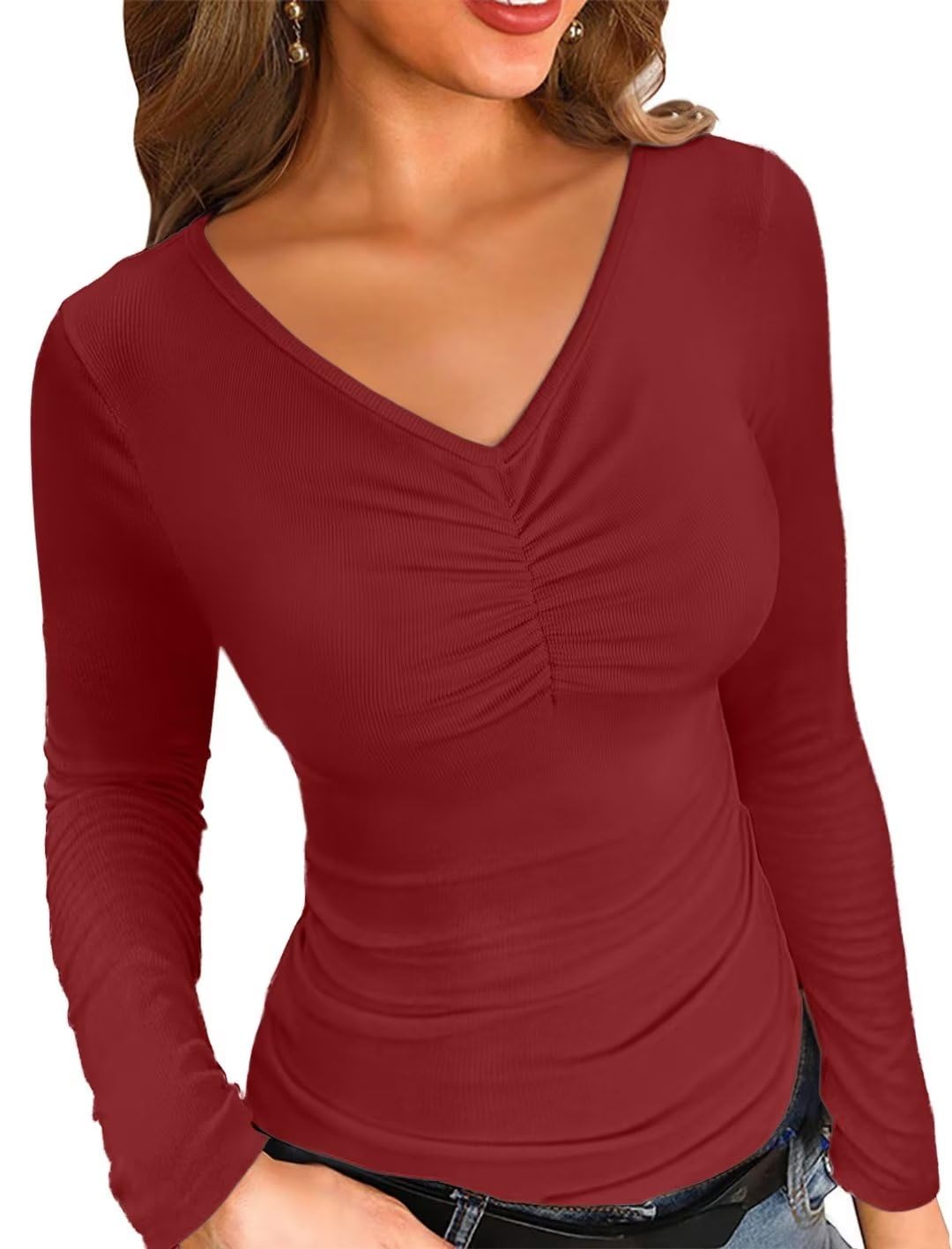 VICHYIEWomens Fashion Fall Clothes Ruched V Neck Tops Long Sleeve Ribbed Slim Fitted Shirts Tee Tshirts
