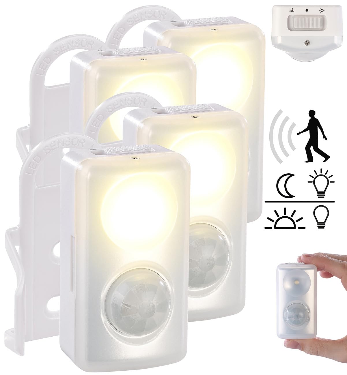 PEARL Nachtlicht mit Batterie: 4er-Set LED-Nachtlicht, Bewegungs-/Dämmerungs-Sensor, Batteriebetrieb (Batterie Wand, Sensor, Baby)