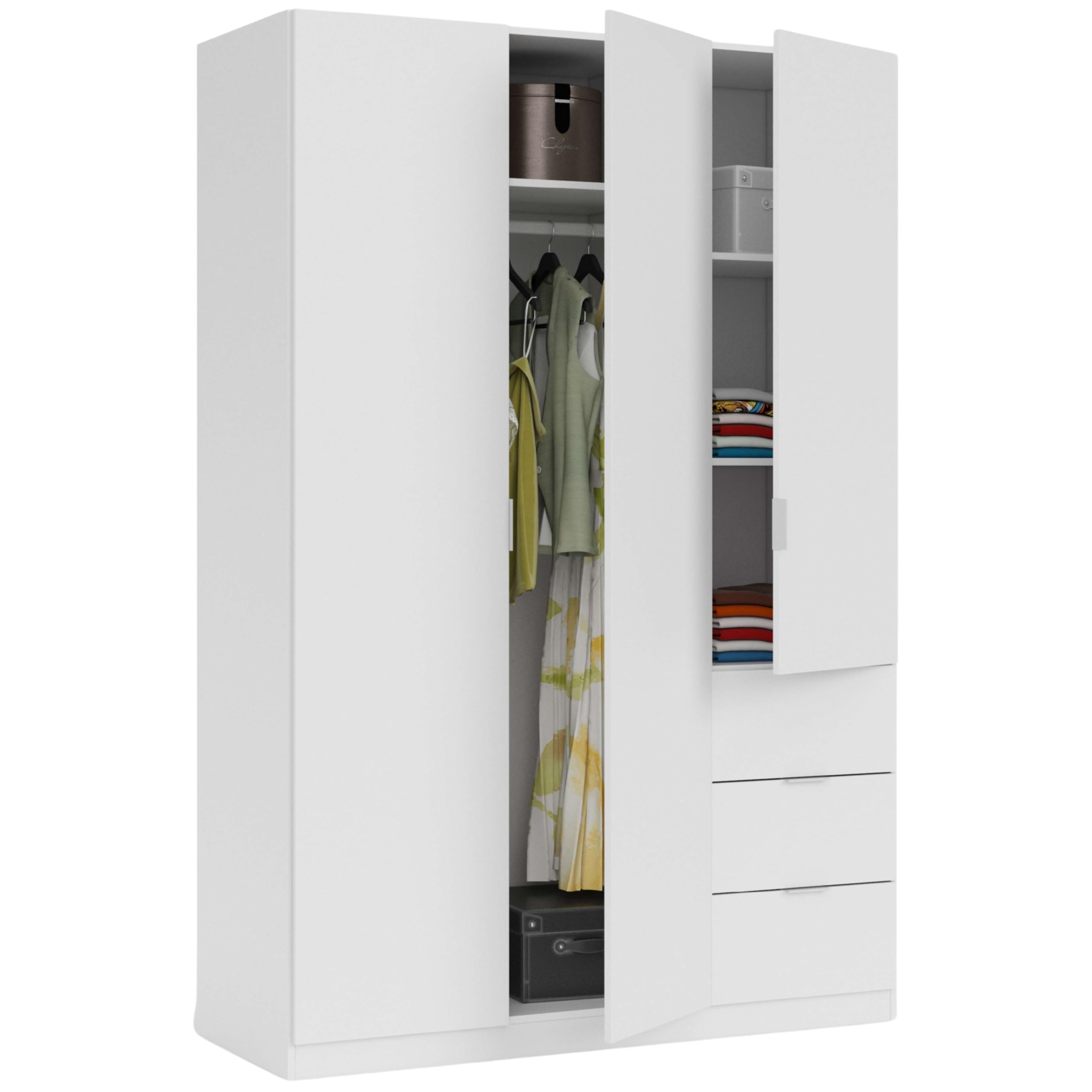 Habitdesign Armario Ropero 3 Puertas y 3 Cajones, Armario Alto Dormitorio, 200x135x52 (AltoxAnchoxFondo-en cm), Color Blanco