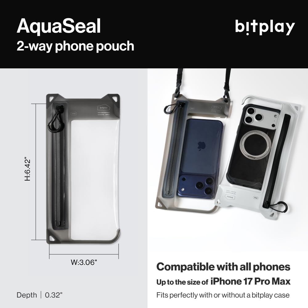 bitplay AquaSeal IPX8 wasserdichte Handytasche, Outdoor Dry Bag mit verstellbarem Umhängeband für universelle Handyhülle, Zementgrau