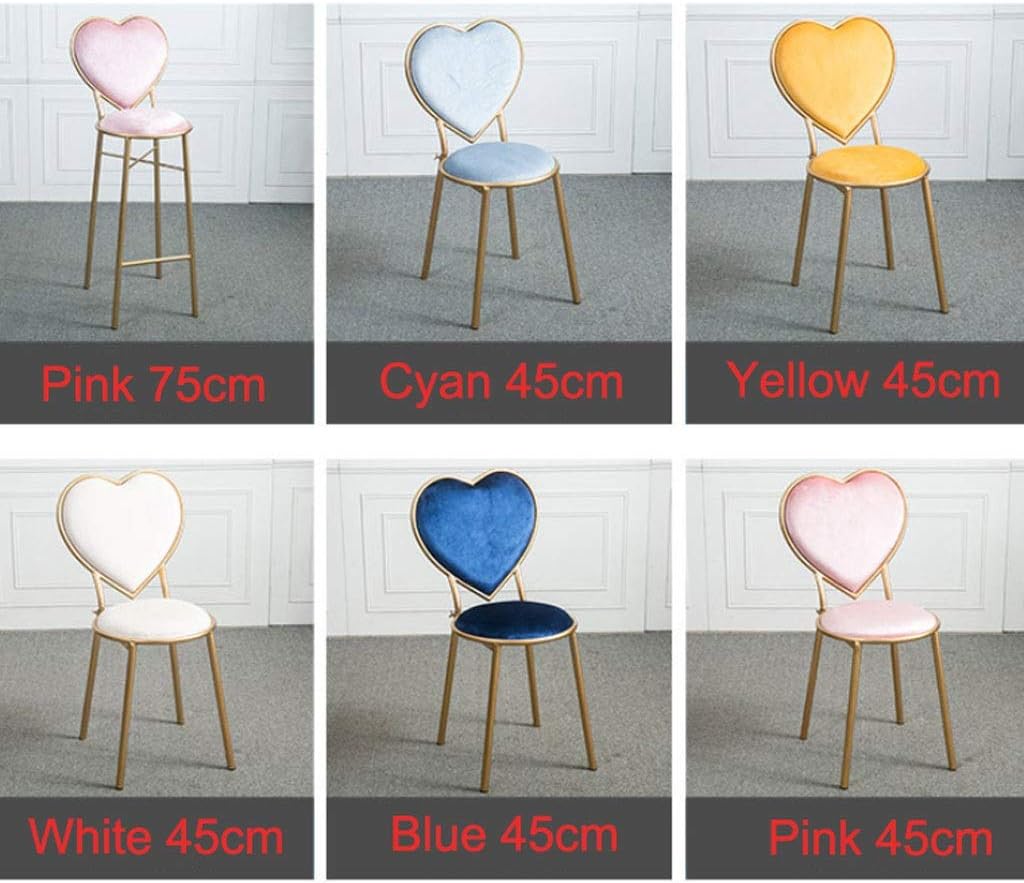 Wrought Iron Heart-Shaped Stools Flannel Lounge Chairs Kitchen Counter Dessert Shop High Bar Stool with Backrest Cafe Golden Dresser Chair Metal Legs (Color : Pink, Size : 75cm)