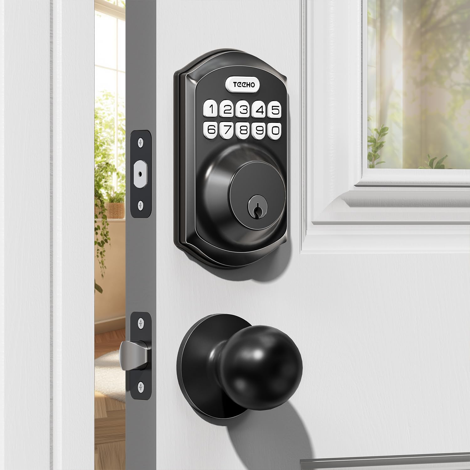 TE001K Keyless Entry Door Lock with Handle, Electronic Keypad Deadbolt with 2 Knobs, High-Security Front Door Handle Set for Home & Rental, Smart Auto-Locking, Easy Install, Matte Black