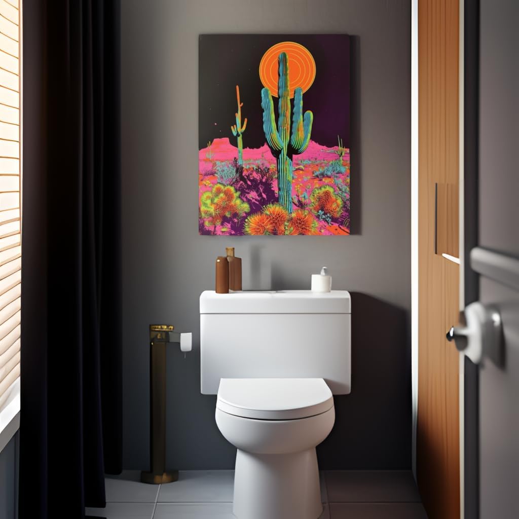 Cactus Bathroom Decor Framed Artwork,Desert Sunset Wall Art,Botanical Prints Trippy Posters,Green Pastel Landscape Abstract Illustrations,Cactus Pink Pictures Wall Decor for Bedroom Home Aesthetic Painting 16x24 inches