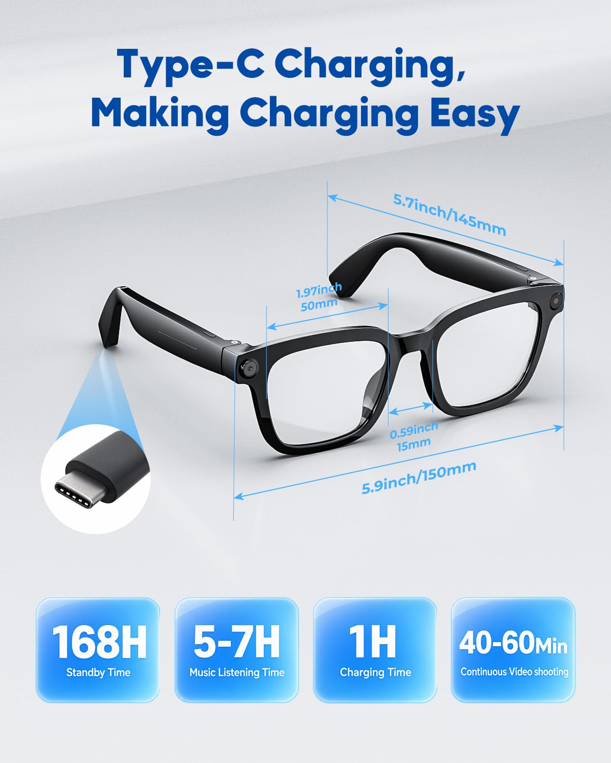 Gafas Inteligentes con Cámara y Bluetooth, 8 Mpx, HD 1200p | con Funciones de Grabación de Fotos, Vídeo y Audio, Traducción en Tiempo Real, Asistente de Voz y Reconocimiento de Objetos