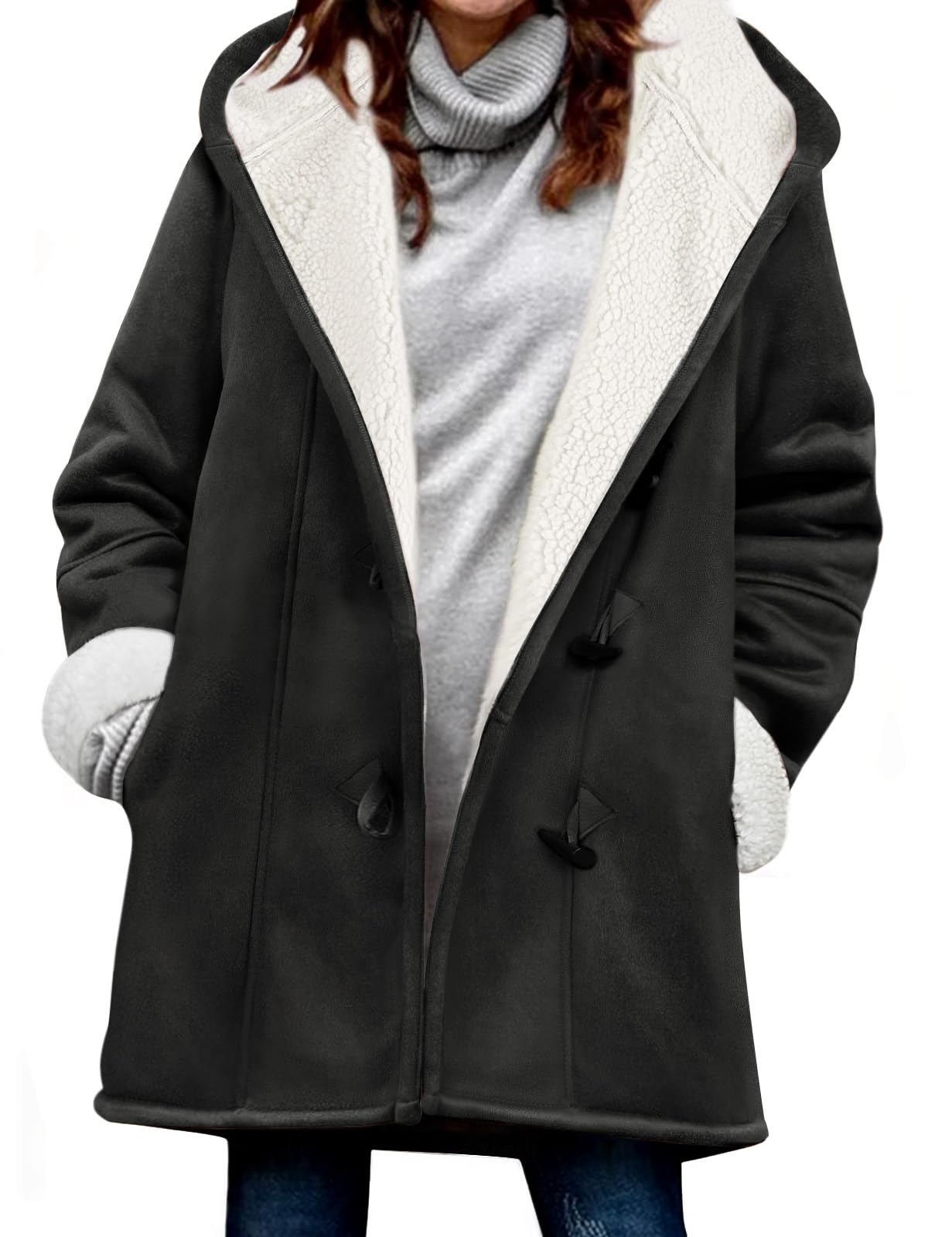 Svanco Women's Winter Jacket Long Warm Fleece Jacket with Hood Oversized Thick Coat Winter Elegant Hooded Teddy Fleece with Buckle Autumn Jacket Outdoor Casual Black S