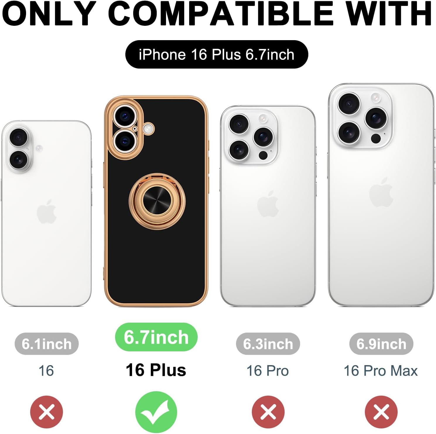 Hython for iPhone 16 Plus Case with Ring Stand, 360° Rotatable Ring Holder Magnetic Kickstand, Plating Rose Gold Edge Soft Cover Protective Phone Case for iPhone 16 Plus 6.7", Black - Image 7