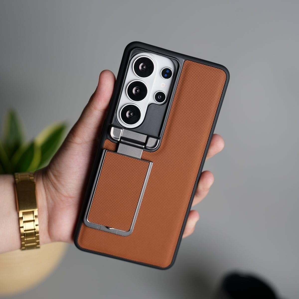 FRATO Metal Camera Cap Stand Case Cover Compatible with Samsung Galaxy S26 Ultra (Brown) | PU Leather Finish | Built-in 