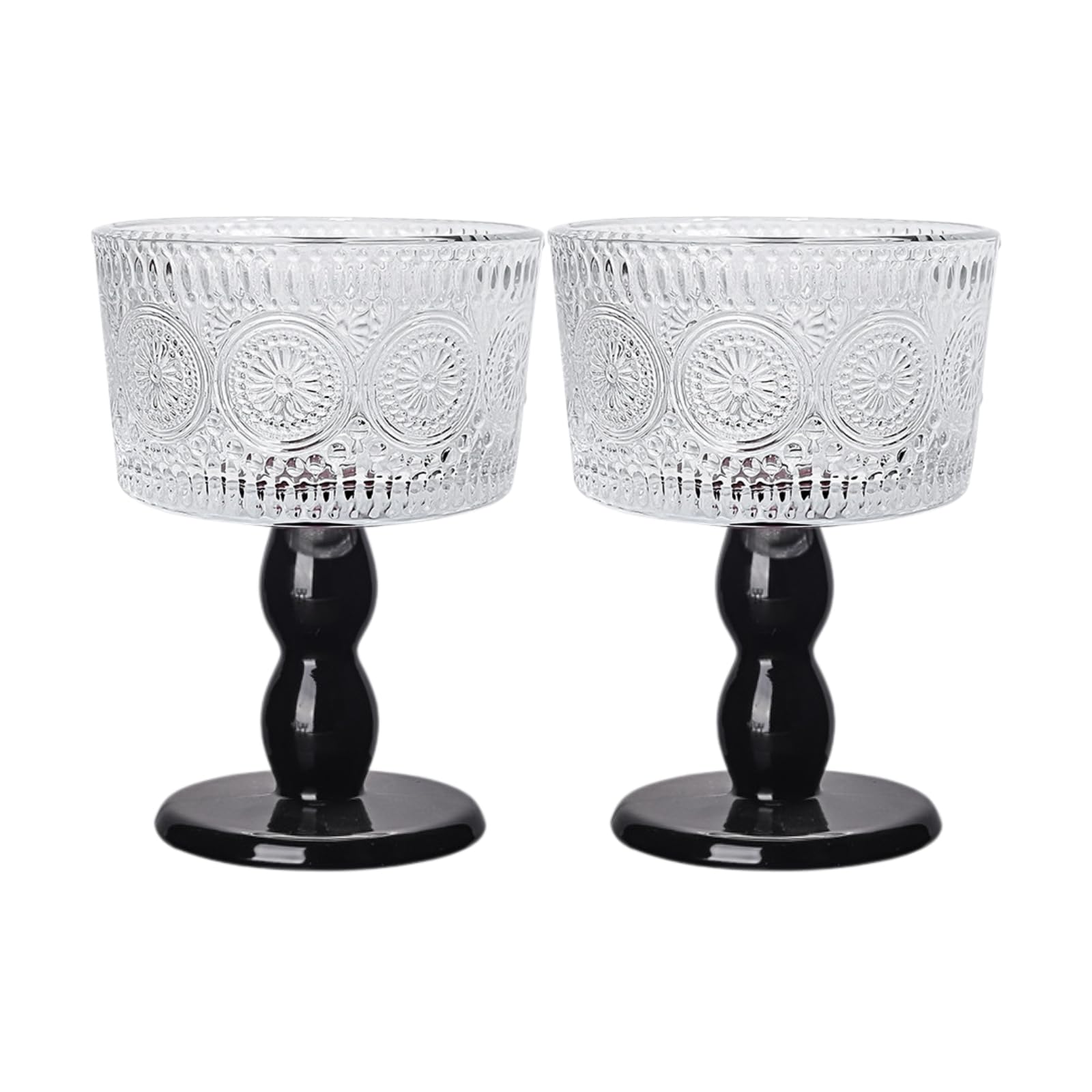 Boxonly Black Sunburst Glass Goblet - 200ml Handcrafted Lead-Free Glass with Retro Floral Pattern, Black Stem Design, Great for Weddings, Wine, and Festive Gatherings