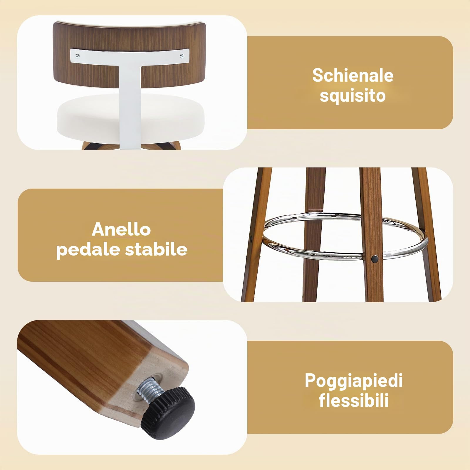 Bekrvio Set da 4 Sgabelli Girevoli con Altezza da Bar, Sgabelli da Bar in Legno Massiccio con Schienale, Altezza Seduta 65 cm, Sedia Girevole da Bar–Sgabello da Bar per Esterno Resistente agli Agenti