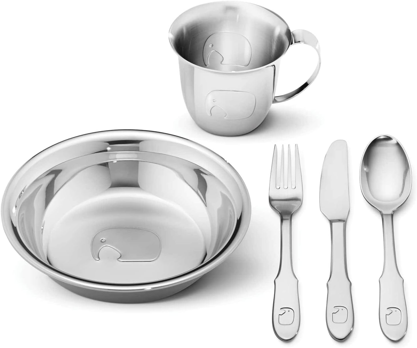 Georg Jensen Elephant, Child Cup, Plate & Cutlery Set, Mirror Polished Stainless Steel